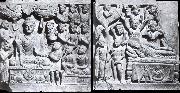 unknow artist Relief from Gandhara with the-first preaching in first preaching in the deer camp-and the death of Buddha, Kushana. painting